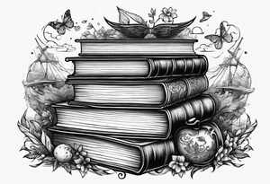 Stack of books surrounded by fantasy elements tattoo idea