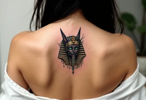 A black Anubis head with emerald green eyes and a royal gold headdress. tattoo idea