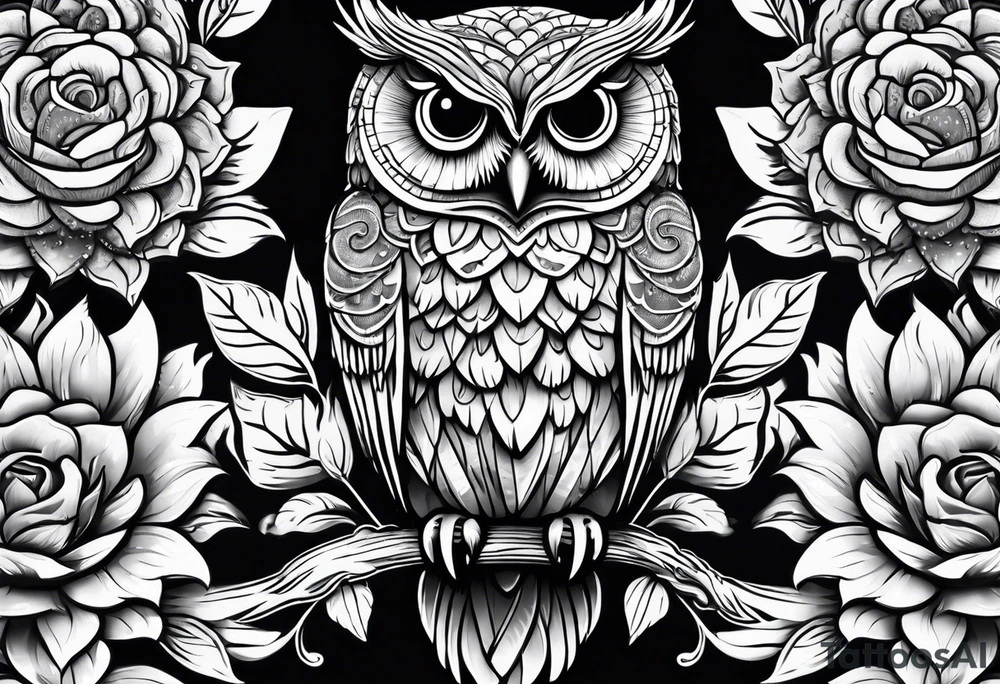 Owl with sunflowers leg sleeve tattoo idea