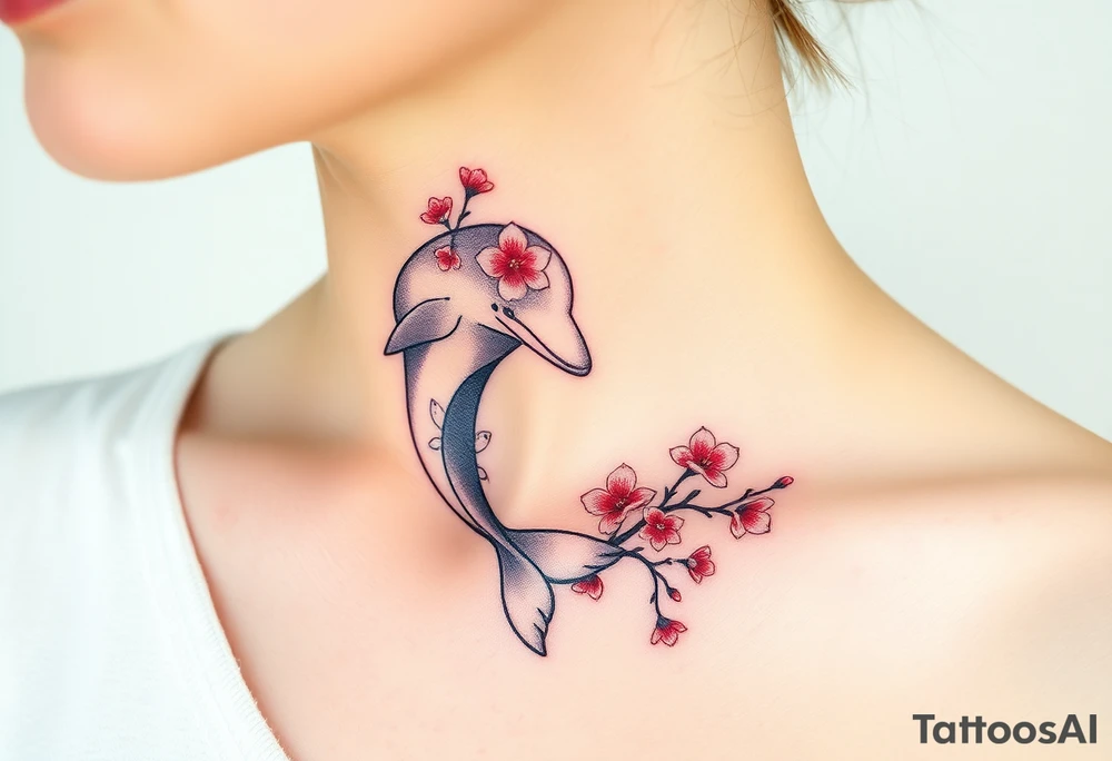 A dolphin intertwined with delicate cherry blossom branches, combining ocean and floral elements tattoo idea