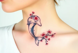 A dolphin intertwined with delicate cherry blossom branches, combining ocean and floral elements tattoo idea