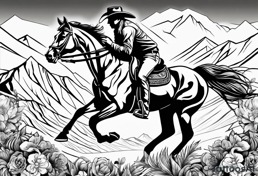 bucking horse, mountains background, feather, flowers, western tattoo idea