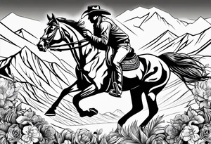 bucking horse, mountains background, feather, flowers, western tattoo idea