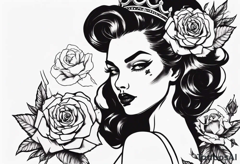 pin-up style queen wearing a crown, surrounded by rose flowers tattoo idea