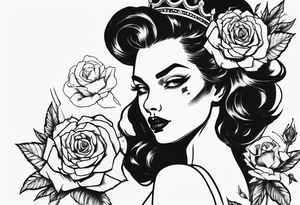 pin-up style queen wearing a crown, surrounded by rose flowers tattoo idea