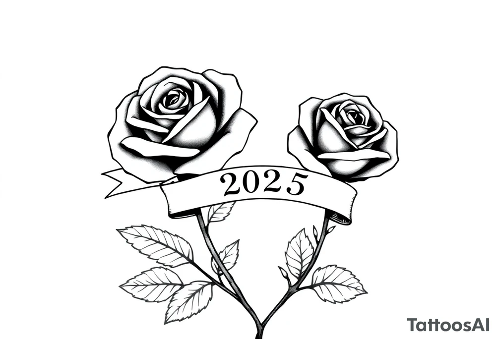 two beautiful large rose buds, one larger than the other, with many leaves next to the rose buds, with one sitting higher than the other. Include a banner connecting the two roses with the year "2025" on it.   Use dark outlines with little shading. The two stems should be short, not long, and connect and join into one stem, whimsically curved or twisted - not straight down. tattoo idea
