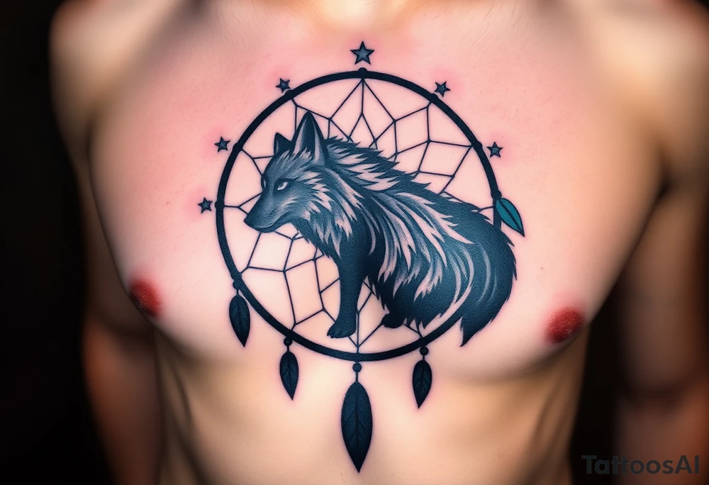 A wolf’s silhouette within a dreamcatcher, with stars scattered across the background. The wolf is shaded in black and gray, and the dreamcatcher is deep indigo with teal accents tattoo idea