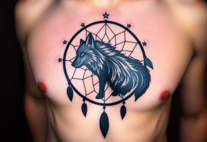 A wolf’s silhouette within a dreamcatcher, with stars scattered across the background. The wolf is shaded in black and gray, and the dreamcatcher is deep indigo with teal accents tattoo idea