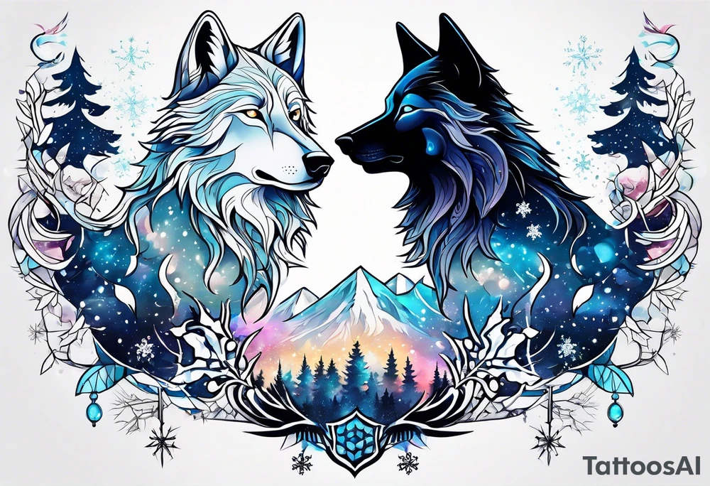 Constellation, two animal wolf, snowflake tattoo idea