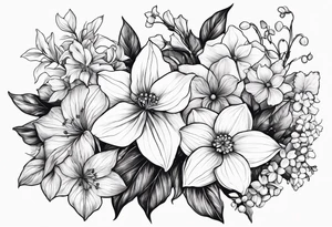 Hydrangea, Narcissus, Poinsettia, Holly, Gladiolus, Poppy, Daisy, Sweet Pea floral bouquet tattoo idea