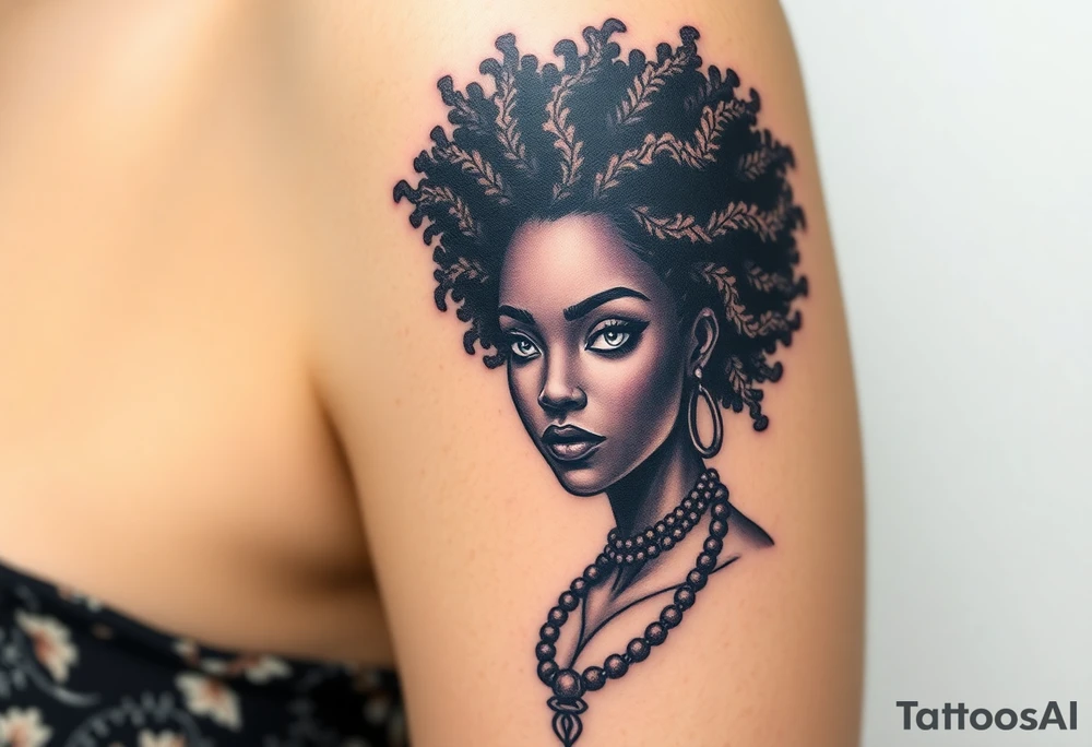 African goddess with white eyes and afro tattoo idea