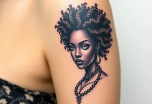 African goddess with white eyes and afro tattoo idea