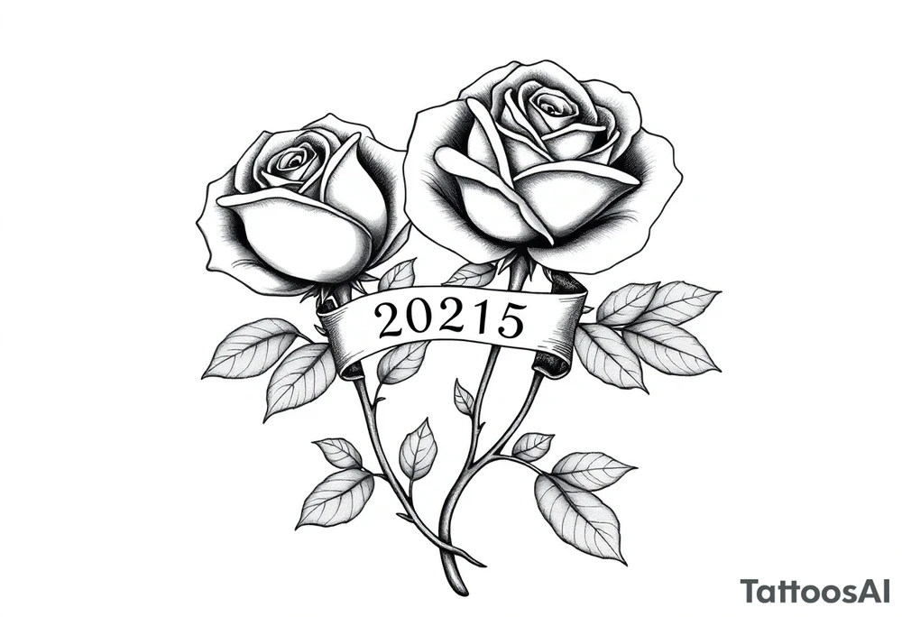 two beautiful large rose buds, one larger than the other, with many leaves and their stems intertwined, with one sitting higher than the other. Include a banner connecting the two roses with "2025" on it.  The word "Rose" written in Kanji above the drawing.  Use dark outlines with little shading. The two stems should connect and join into one stem, whimsically curved or twisted - not straight down. tattoo idea