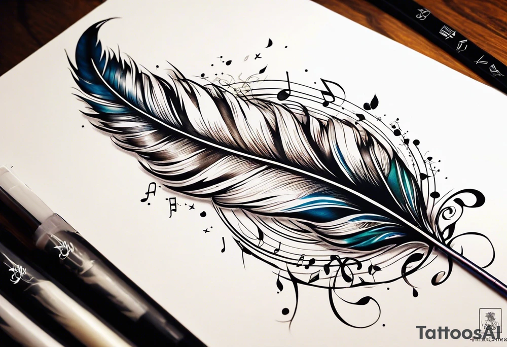 Feather tattoo with small music notes tattoo idea