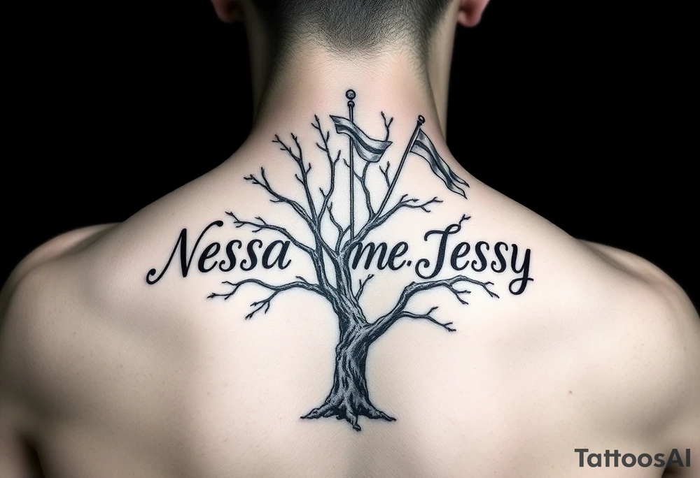 the name Nessa, Anne, Jessy as flags on a live tree tattoo idea