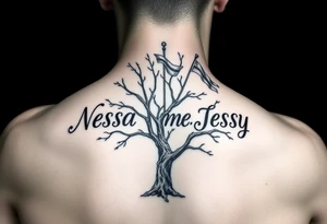 the name Nessa, Anne, Jessy as flags on a live tree tattoo idea
