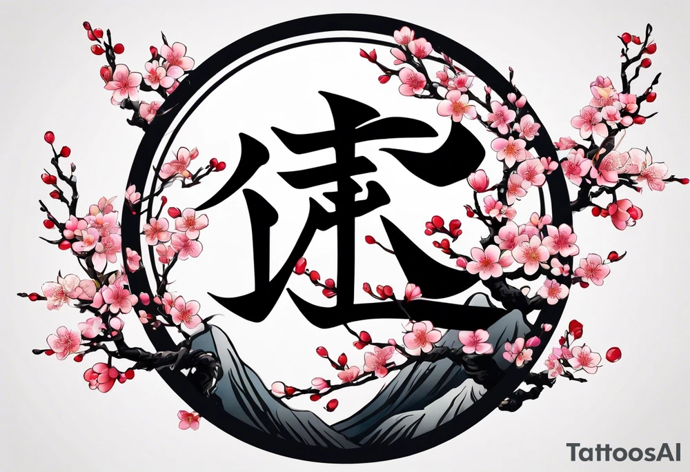 Kanji letter for shadow inside half circle with cherry blossoms tattoo idea