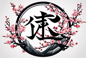 Kanji letter for shadow inside half circle with cherry blossoms tattoo idea