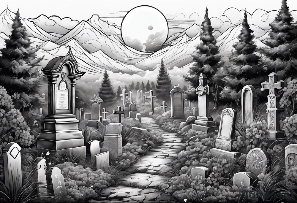 Cemetery on hills with smoke and moon tattoo idea
