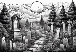 Cemetery on hills with smoke and moon tattoo idea