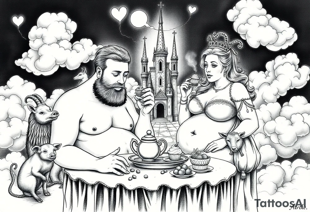 Mystical Naked Man and fat woman having sex eating cupcakes and  fruit  having sex clouds gothic sexy naked fat lady having a tea party with tea pot with fancy castle  
with a pigs, peacock,  lion, goat, noose and smoking cigerettes looking in the mirror thru storm clouds and broken hearts and darkness and wrath, envy , gluttony, greed, sloth, pride . Gothic tattoo idea