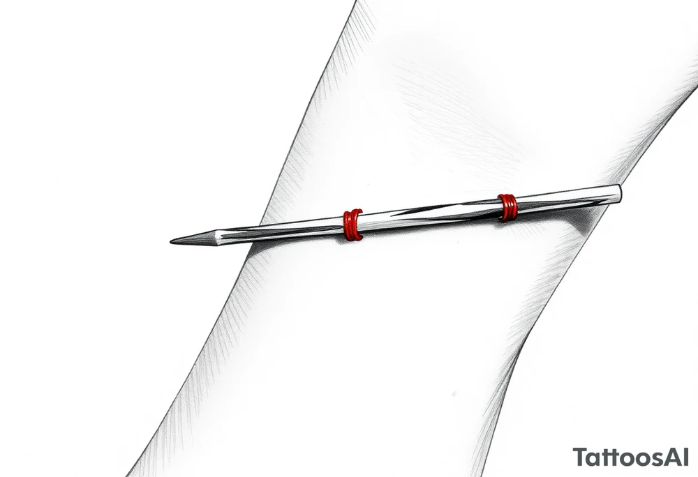 chinese chopsticks with a red thread by the end of it,
about 5cm long , 1 cm wide
it goes into the anterior part of the left wrist tattoo idea