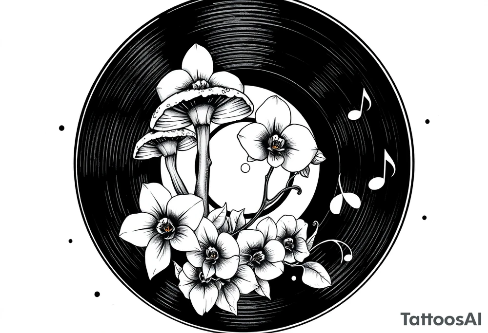 one black and white vinyl record with mushrooms, two orchids, and music notes around it tattoo idea