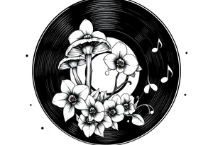 one black and white vinyl record with mushrooms, two orchids, and music notes around it tattoo idea