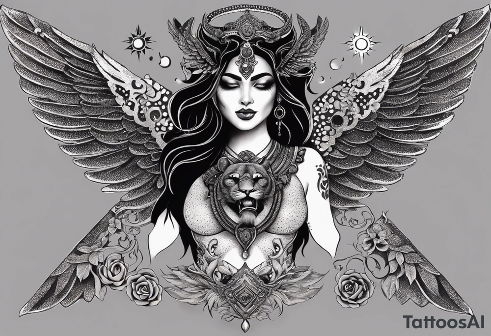 black kali, goddess pirate, alien, angel, pachamama, valkrye, warrior, flying, skull, lotus azul, wing, eagle, zenza resonance, stars, 5D, anahata chakra, death, durga, riding on a tiger, flying lady, chest tatoo tattoo idea