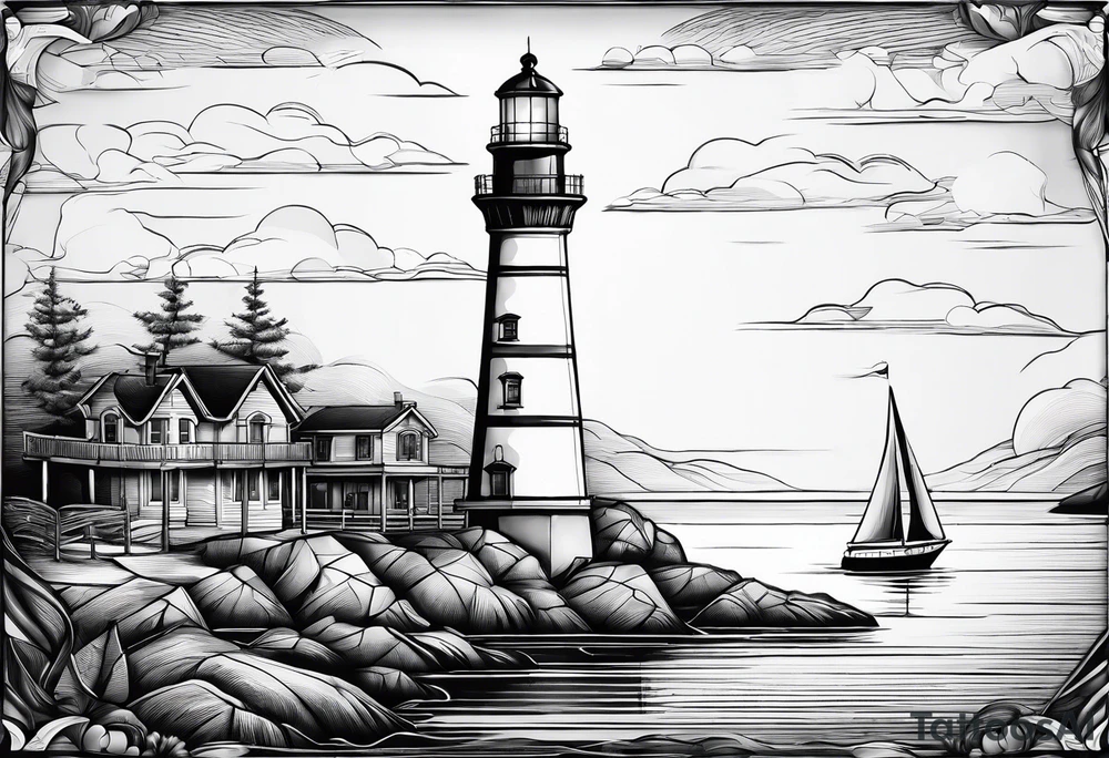 maritime lighthouse in a front view sailboat serving as a mast for a sail. tattoo idea