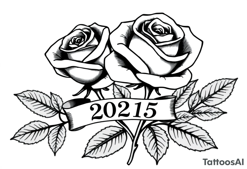 two beautiful large rose buds, one larger than the other, with many leaves next to the rose buds, with one sitting higher than the other. Include a banner connecting the two roses with "2025" on it.   Use dark outlines with little shading. The two stems should be short, not long, and connect and join into one stem, whimsically curved or twisted - not straight down. tattoo idea