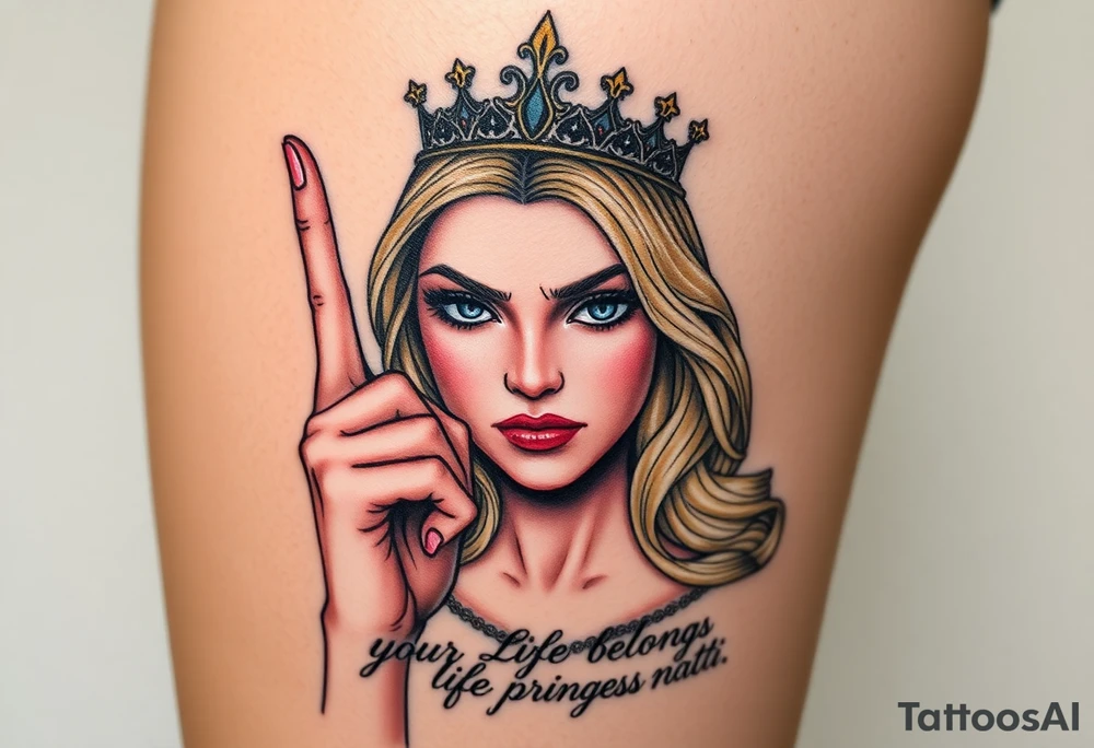 powerful blond findomme princess with crown on, holding up her middle finger with look of disgust on her face being pathetic with caption “your life belongs to Princess Natti” tattoo idea