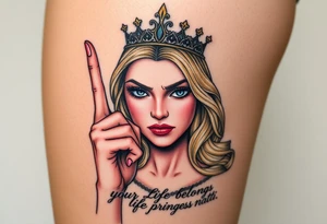 powerful blond findomme princess with crown on, holding up her middle finger with look of disgust on her face being pathetic with caption “your life belongs to Princess Natti” tattoo idea