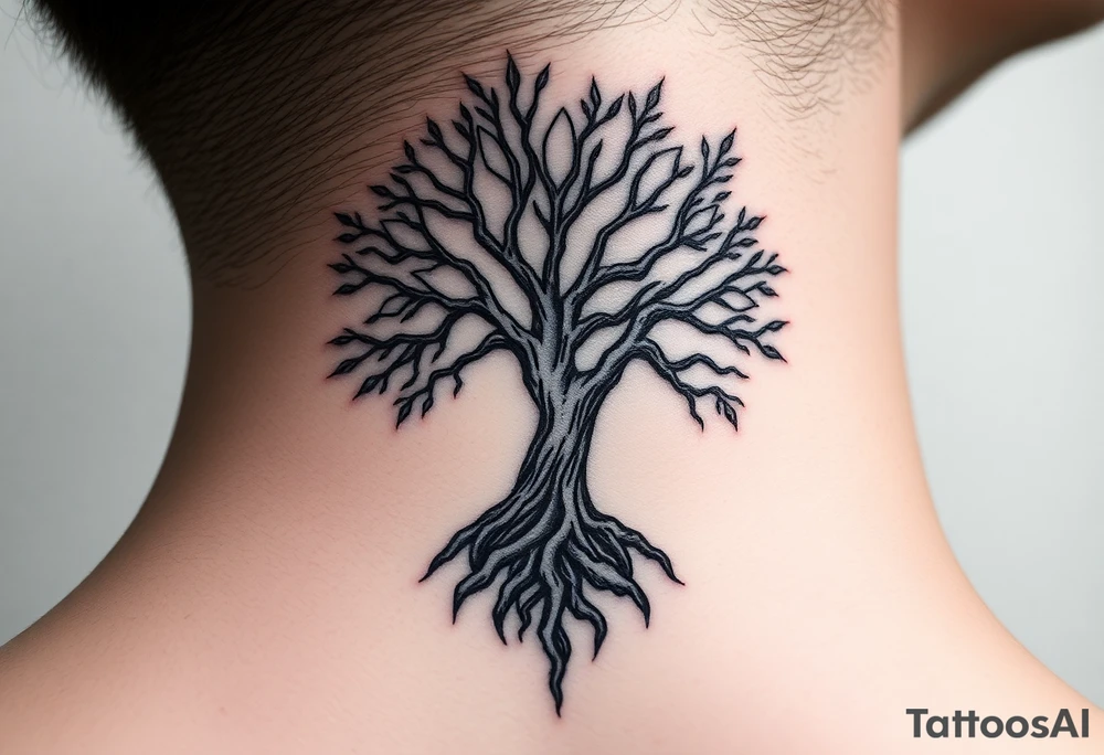mystical tree of life with cosmic roots and celestial branches tattoo idea