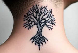 mystical tree of life with cosmic roots and celestial branches tattoo idea