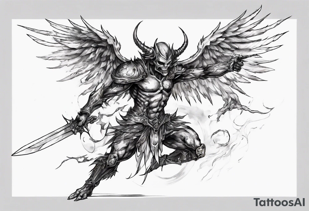 Side view of a demon angel wearing inorganic armor that is in mid-air with his weapon behind about to attack. tattoo idea