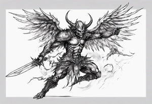 Side view of a demon angel wearing inorganic armor that is in mid-air with his weapon behind about to attack. tattoo idea