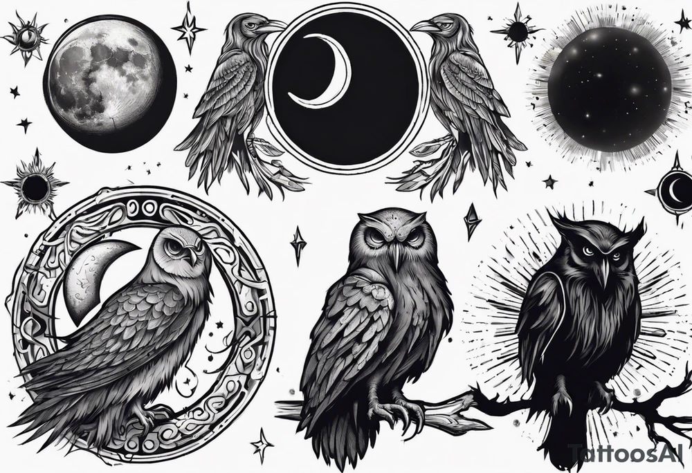 Raven on the left with the Sun. Owl on the right with Moon. Mystic. Dark Demonic Energy. tattoo idea
