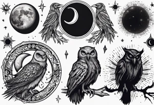 Raven on the left with the Sun. Owl on the right with Moon. Mystic. Dark Demonic Energy. tattoo idea