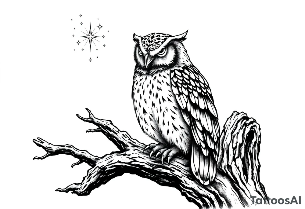 wise owl perched on ancient oak branch under starlit sky tattoo idea