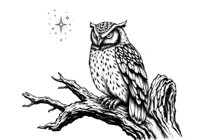 wise owl perched on ancient oak branch under starlit sky tattoo idea
