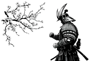 noble samurai warrior silhouette at sunset with cherry blossoms tattoo idea