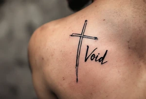 A deep black cross on man face under a man’s right eye, in simple linework, next to the word "Void" on the other side in minimal, spaced-out letters. tattoo idea