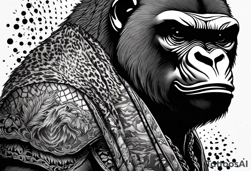 A gorilla, cheetah, rhino, rat, velociraptor, tiger and falcon tattoo idea