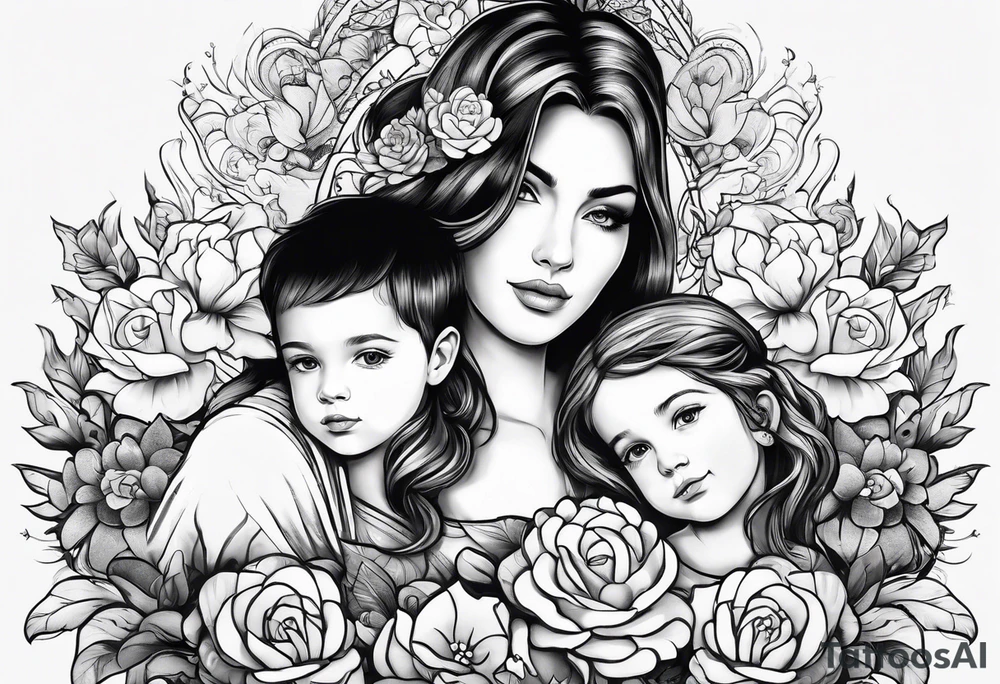 1/2 sleeves full of flowers with a mom older son younger daughter in the middle tattoo idea