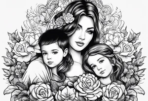 1/2 sleeves full of flowers with a mom older son  younger daughter in the middle tattoo idea