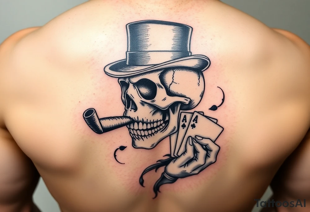 a skull with mustache, a big cigar in his mouth,top-hat on his head and playing cards in a hand. tattoo idea
