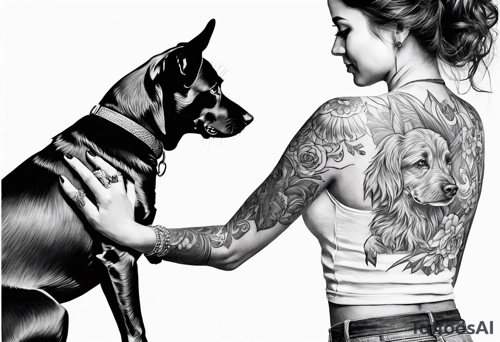 dog in the air facing woman and trying to reach her hand and woman as her back facing us tattoo idea