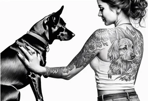 dog in the air facing woman and trying to reach her hand and woman as her back facing us tattoo idea