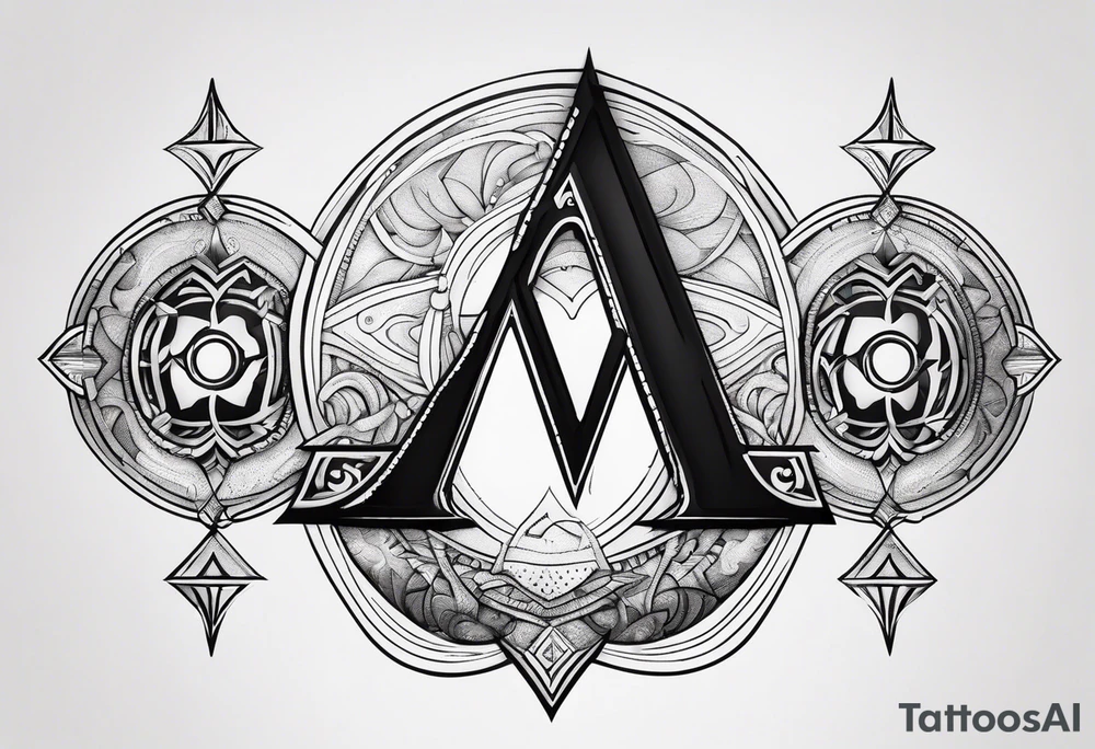 Intricate letter M, the number 4, Libra symbol, and two interlocking Mars symbols tattoo idea